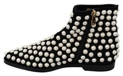 Dolce & Gabbana Chic Black Suede Ankle Boots with Pearls - EU39/US8.5