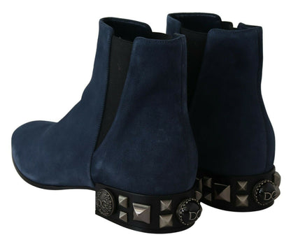 Dolce & Gabbana Chic Blue Suede Mid-Calf Boots with Stud Details - EU38.5/US8