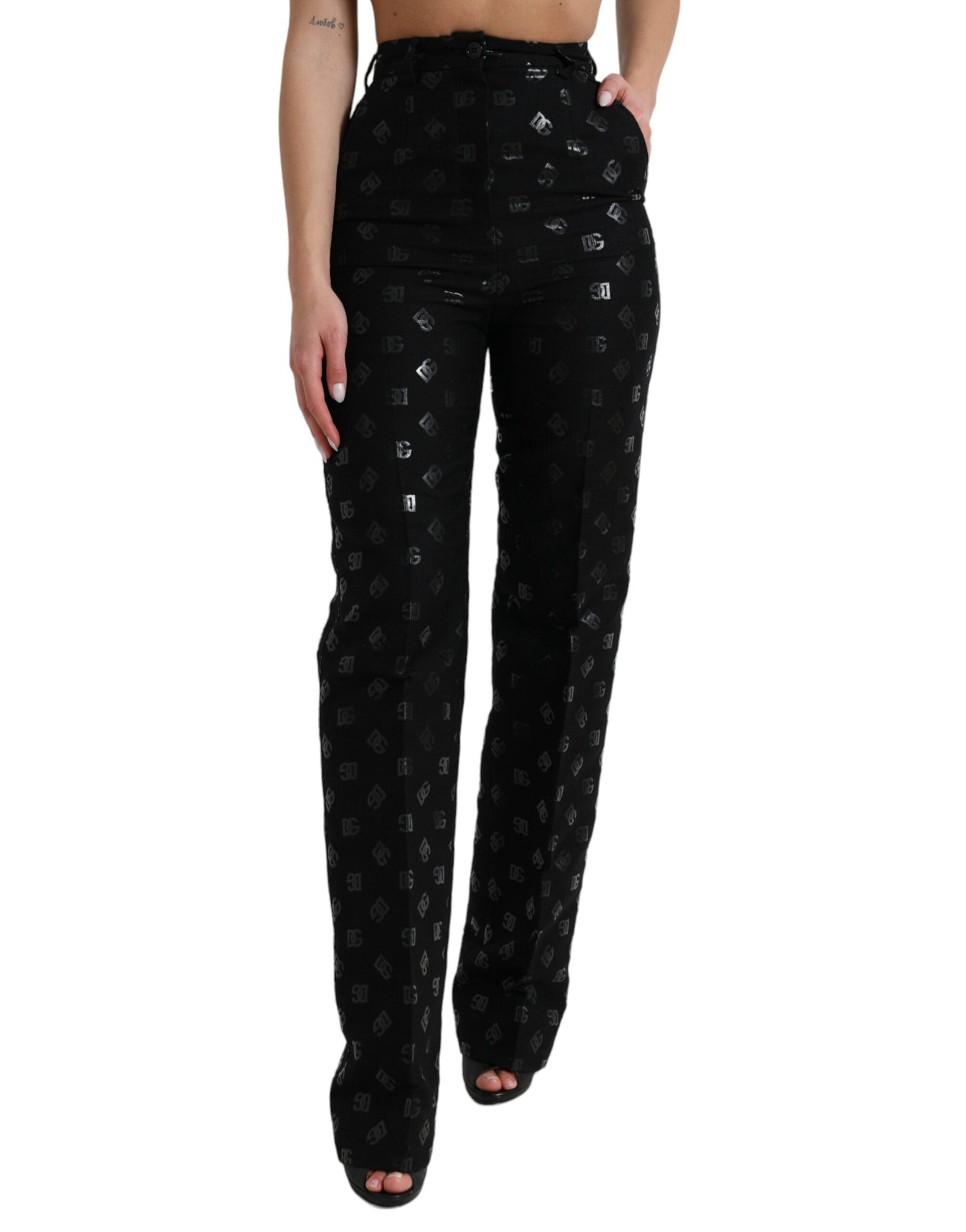 Dolce & Gabbana Chic High Waist Straight Pants with Logo Print - IT40|S