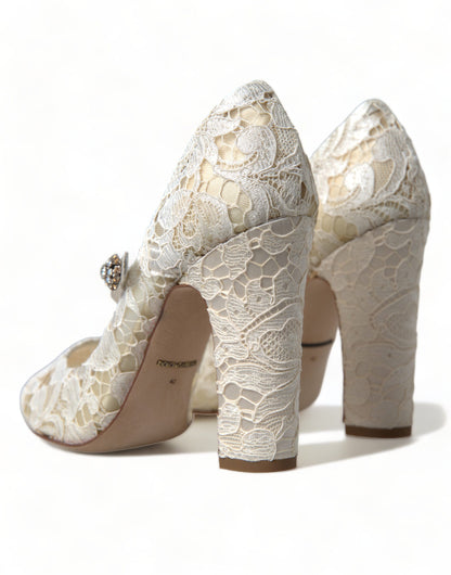 Dolce & Gabbana Chic Lace Block Heels Sandals in Cream White - EU40/US9.5