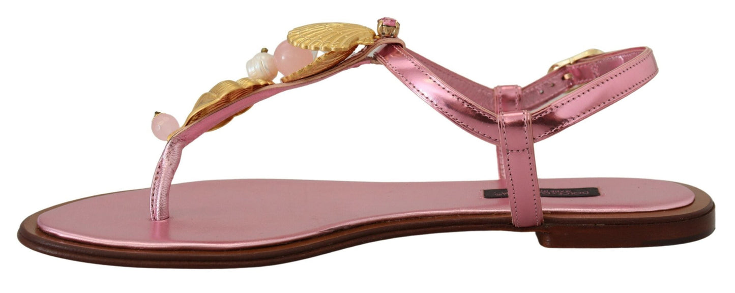 Dolce & Gabbana Chic Pink Leather Sandals with Exquisite Embellishment - EU37/US6.5