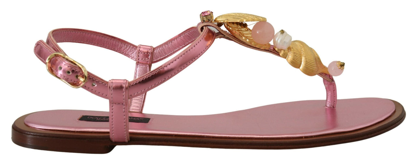 Dolce & Gabbana Chic Pink Leather Sandals with Exquisite Embellishment - EU37/US6.5