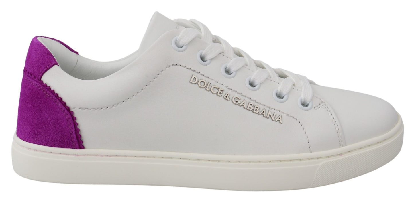 Dolce & Gabbana Chic White Leather Sneakers with Purple Accents - EU35.5/US5.5