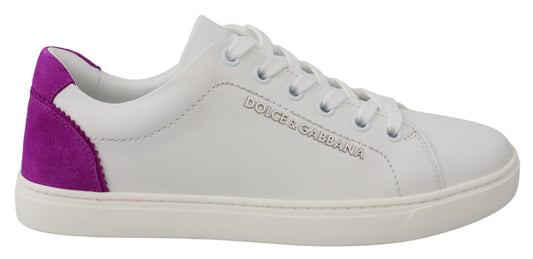 Dolce & Gabbana Chic White Leather Sneakers with Purple Accents - EU35.5/US5.5