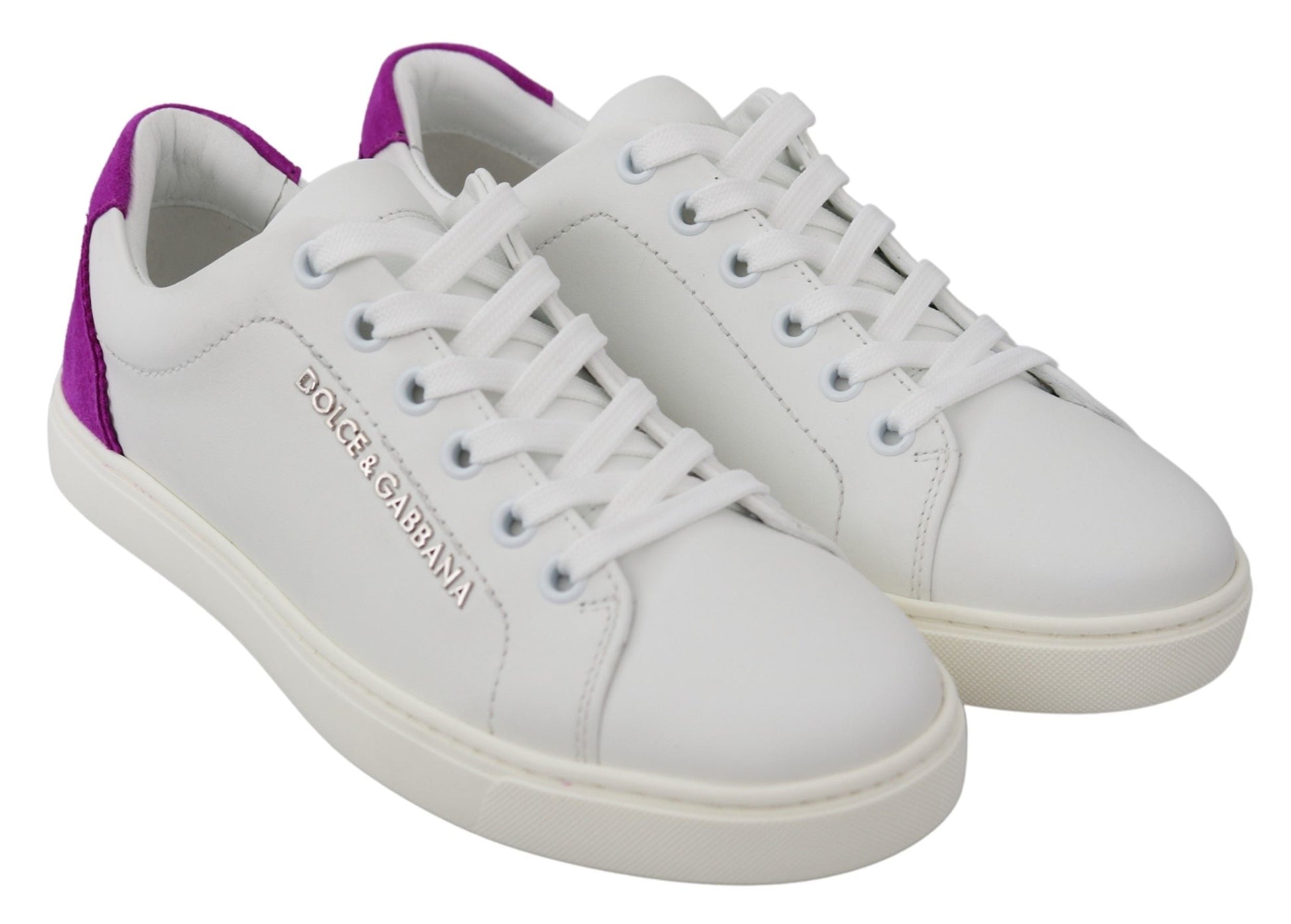 Dolce & Gabbana Chic White Leather Sneakers with Purple Accents - EU35.5/US5.5