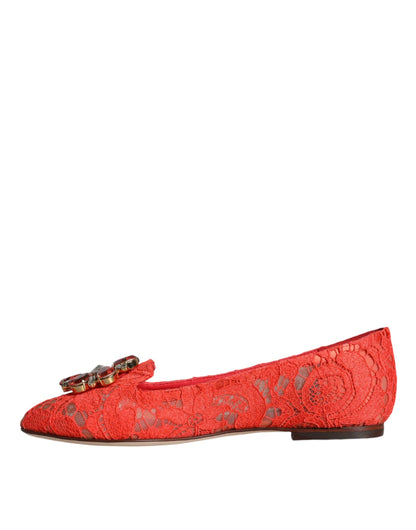 Dolce & Gabbana Coral Lace Crystal Ballet Flats Loafers Shoes - EU35/US5