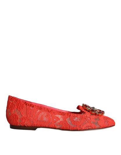 Dolce & Gabbana Coral Lace Crystal Ballet Flats Loafers Shoes - EU35/US5