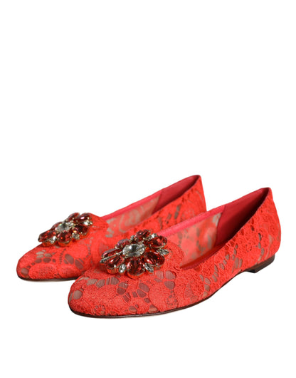 Dolce & Gabbana Coral Lace Crystal Ballet Flats Loafers Shoes - EU35/US5