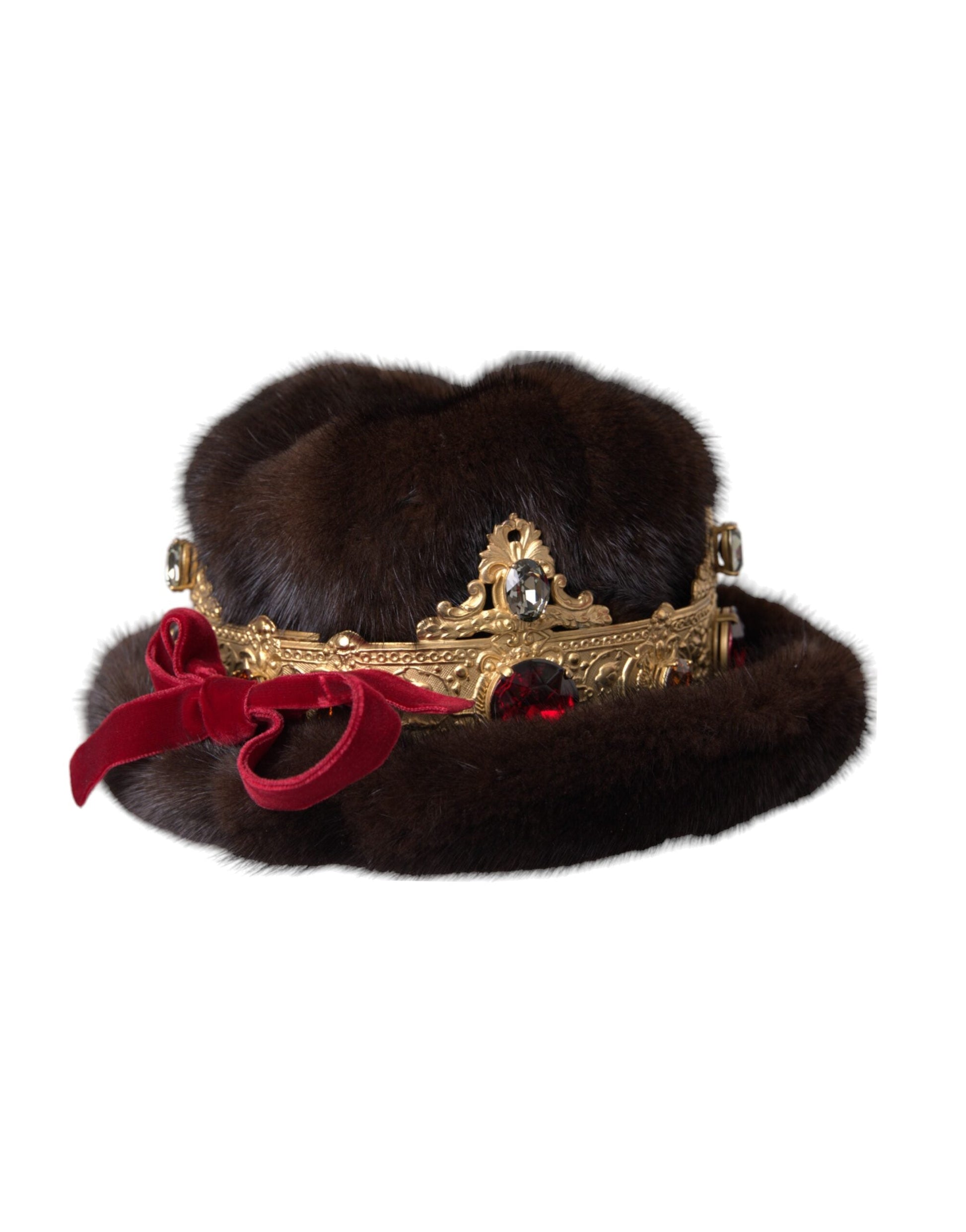 Dolce & Gabbana Dark Brown Mink Fur Gold Crystal Crown Hat - 57 cm|S