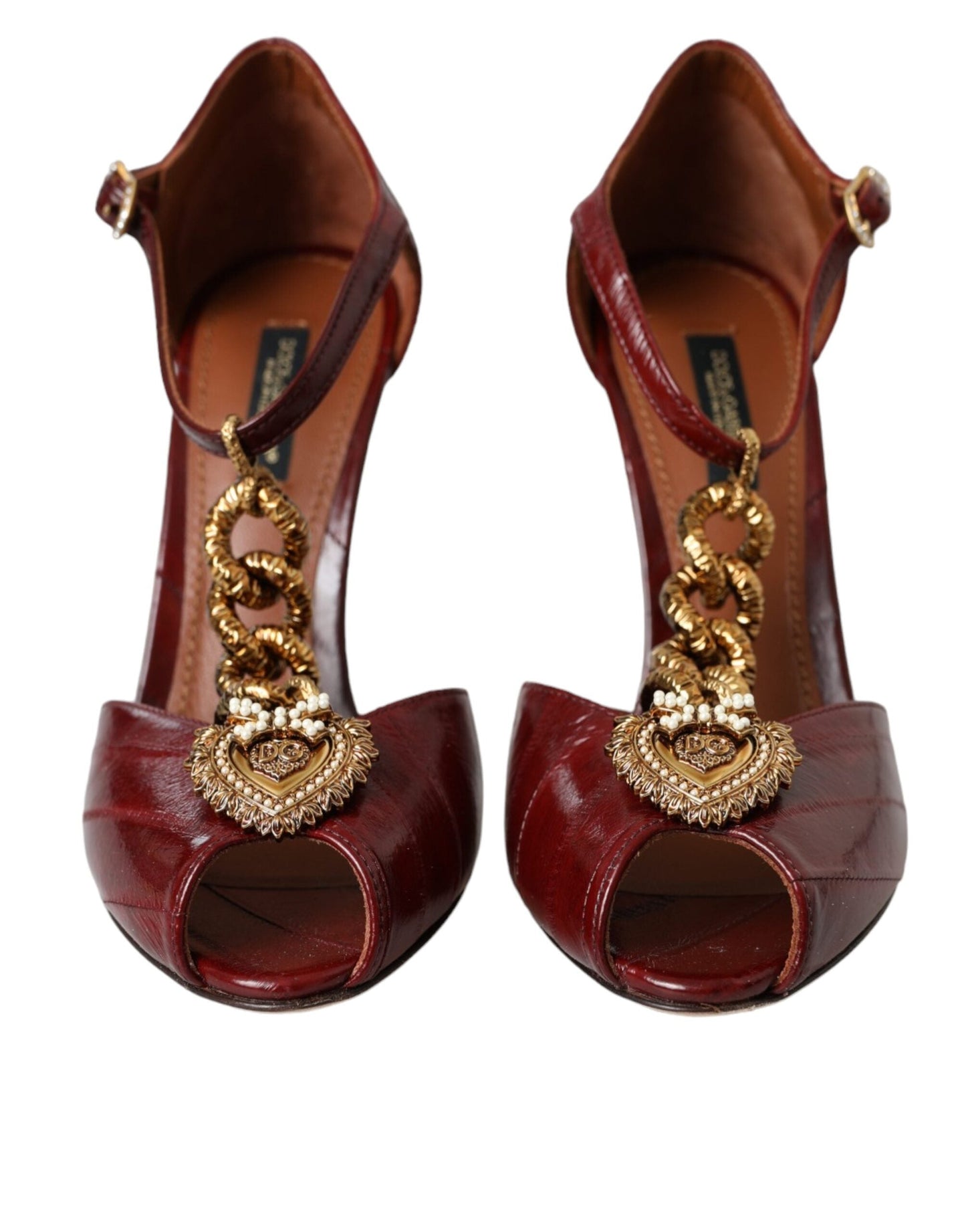 Dolce & Gabbana Dark Red Leather Gold Devotion Heart Sandals Shoes - EU37/US6.5