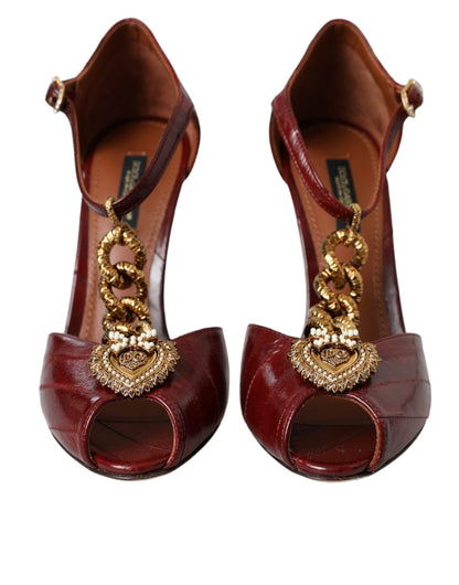 Dolce & Gabbana Dark Red Leather Gold Devotion Heart Sandals Shoes - EU37/US6.5