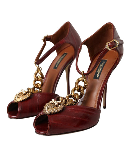 Dolce & Gabbana Dark Red Leather Gold Devotion Heart Sandals Shoes - EU37/US6.5