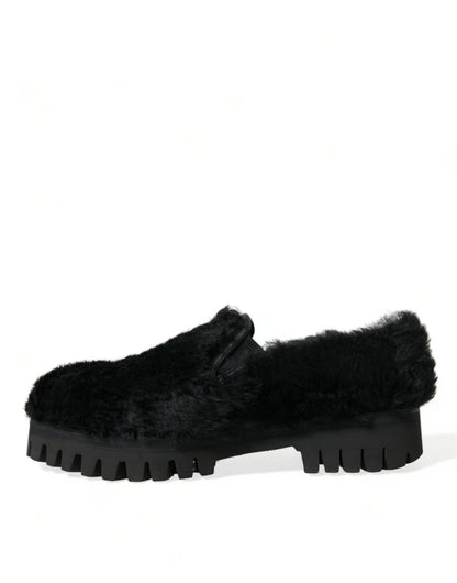 Dolce & Gabbana Elegant Black Fur Slip On Loafers for