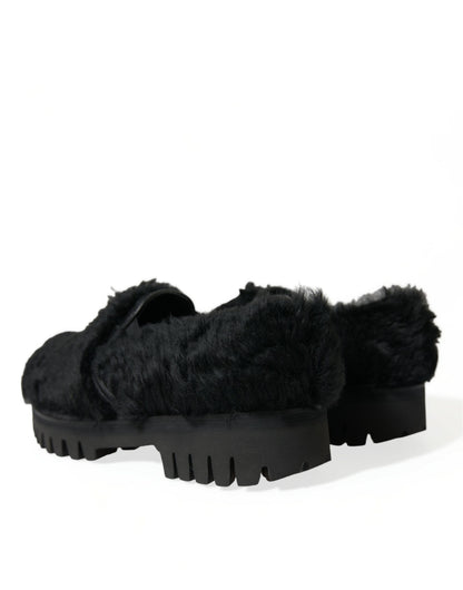 Dolce & Gabbana Elegant Black Fur Slip On Loafers for