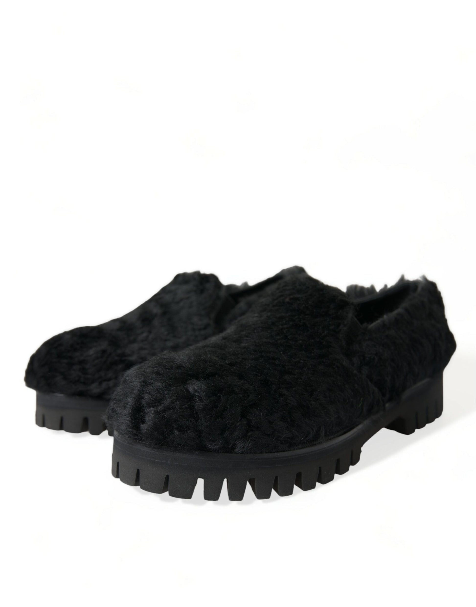 Dolce & Gabbana Elegant Black Fur Slip On Loafers for