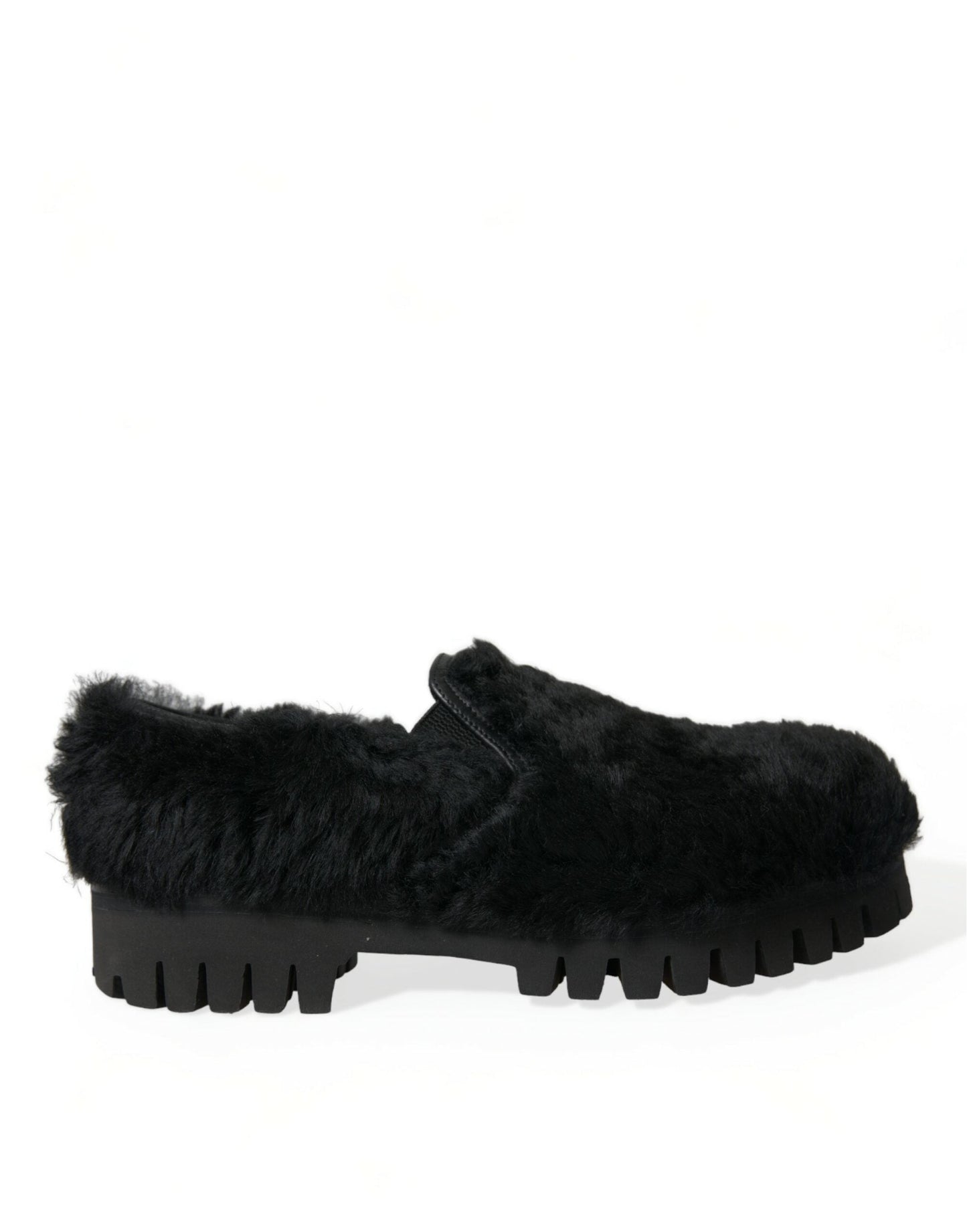 Dolce & Gabbana Elegant Black Fur Slip On Loafers for