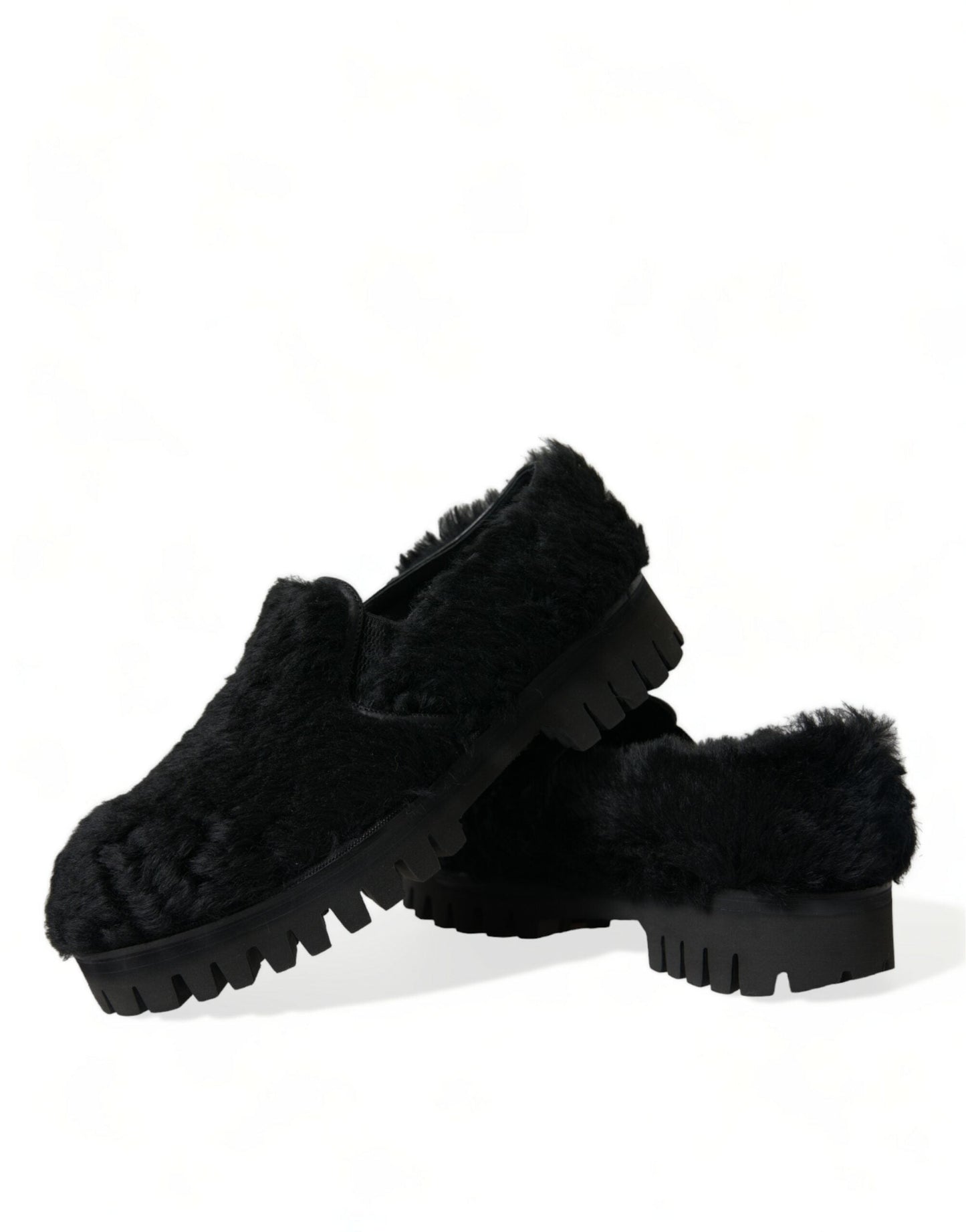 Dolce & Gabbana Elegant Black Fur Slip On Loafers for