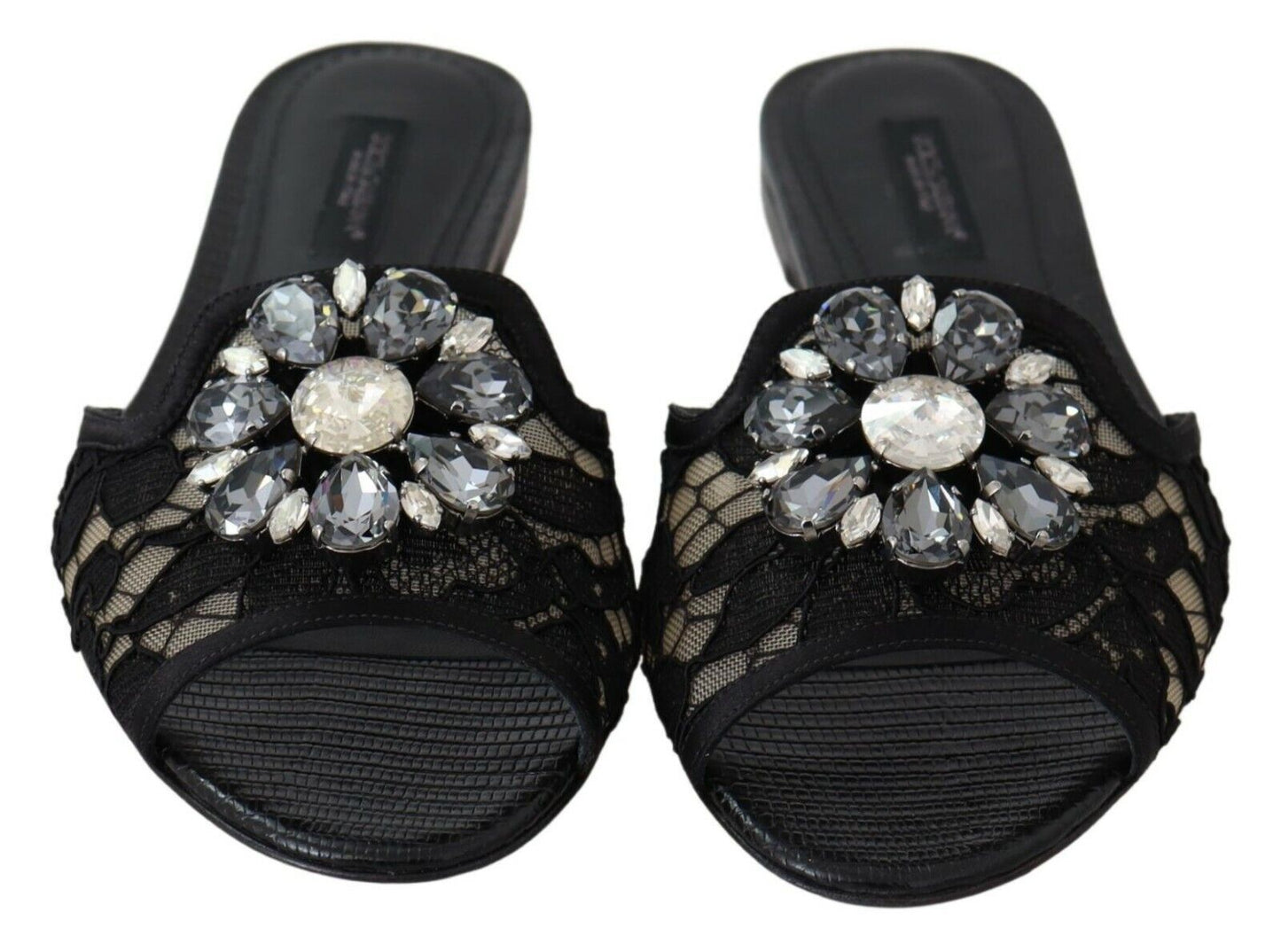 Dolce & Gabbana Elegant Black Lace Mules with Jewel Flower Detail - EU35.5/US5