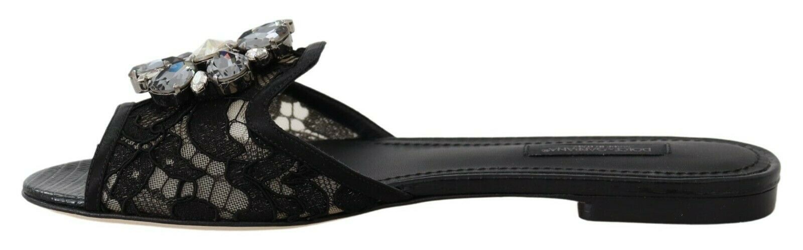 Dolce & Gabbana Elegant Black Lace Mules with Jewel Flower Detail - EU35.5/US5