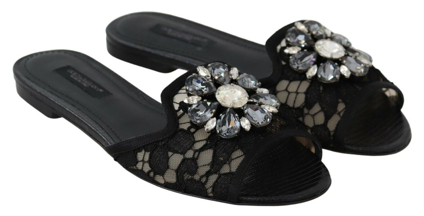 Dolce & Gabbana Elegant Black Lace Mules with Jewel Flower Detail - EU35.5/US5