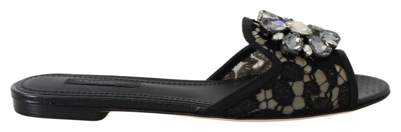 Dolce & Gabbana Elegant Black Lace Mules with Jewel Flower Detail - EU35.5/US5