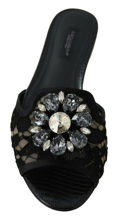 Dolce & Gabbana Elegant Black Lace Mules with Jewel Flower Detail - EU35.5/US5