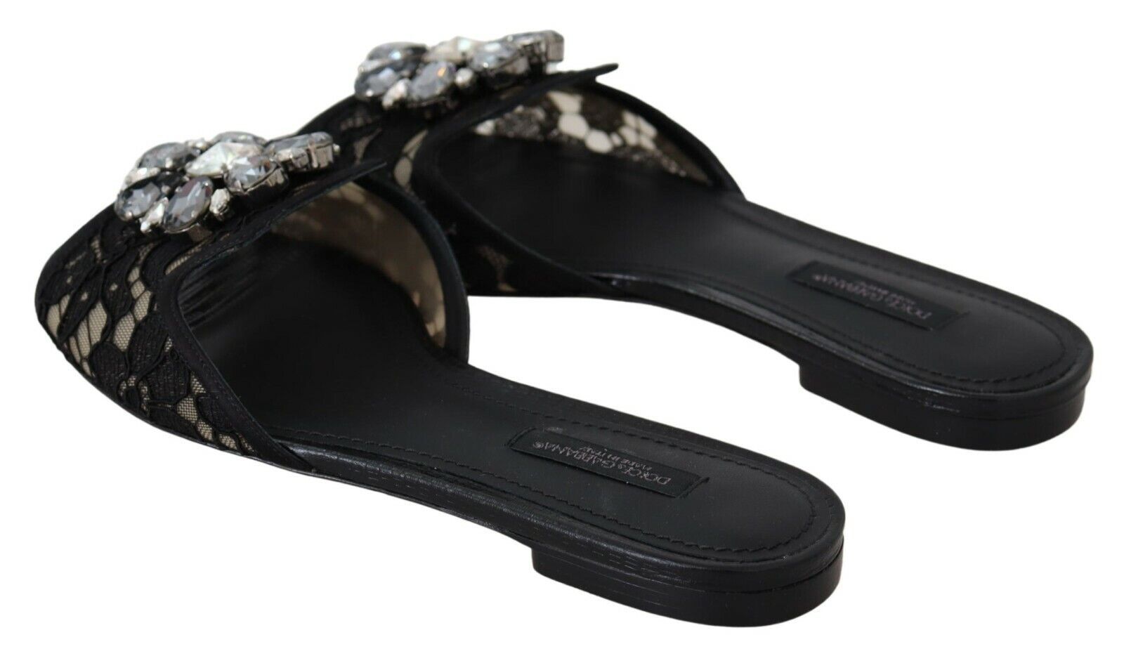 Dolce & Gabbana Elegant Black Lace Mules with Jewel Flower Detail - EU35.5/US5