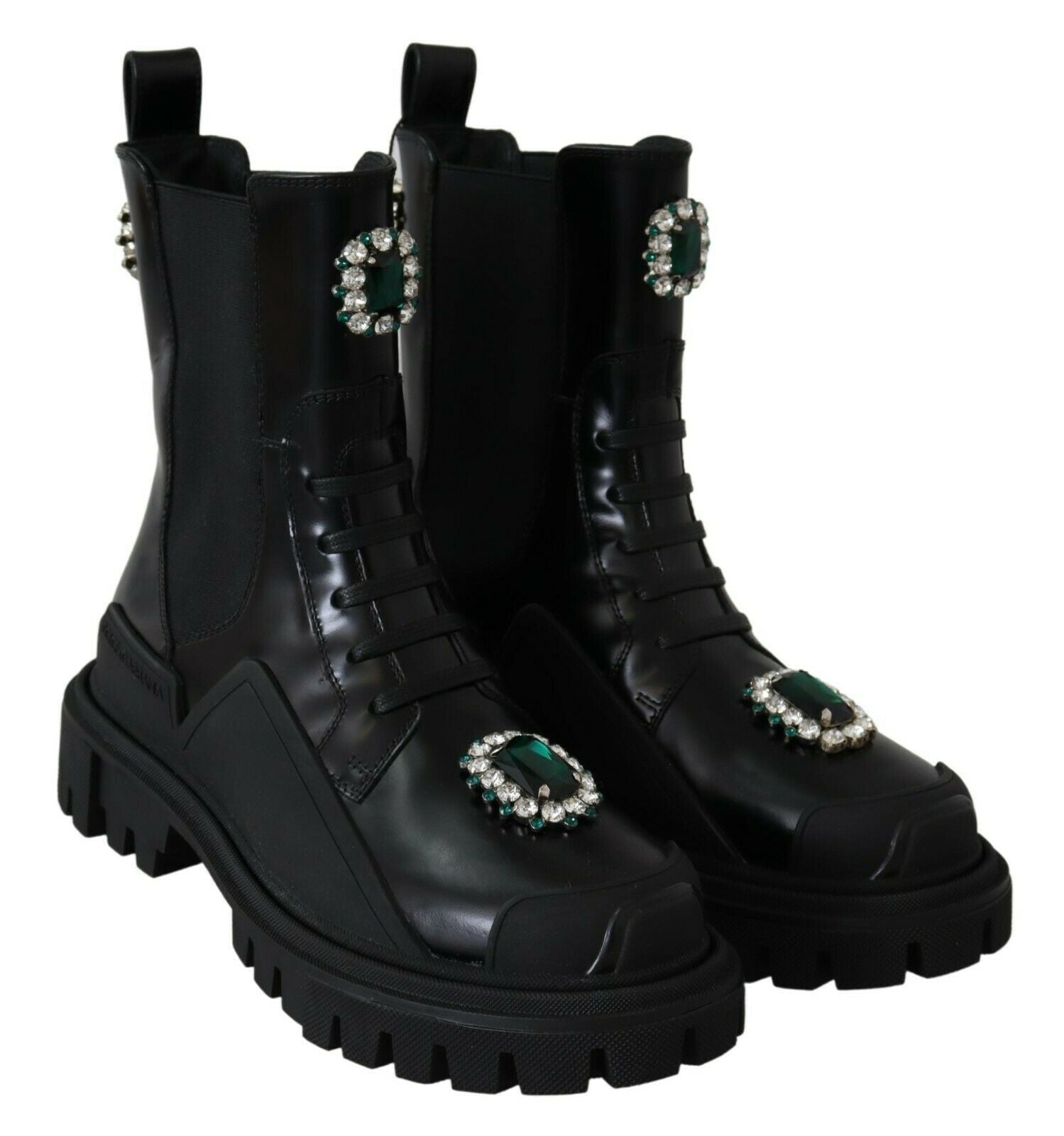 Dolce & Gabbana Elegant Black Leather Combat Boots with Crystal Detail - EU35/US4.5