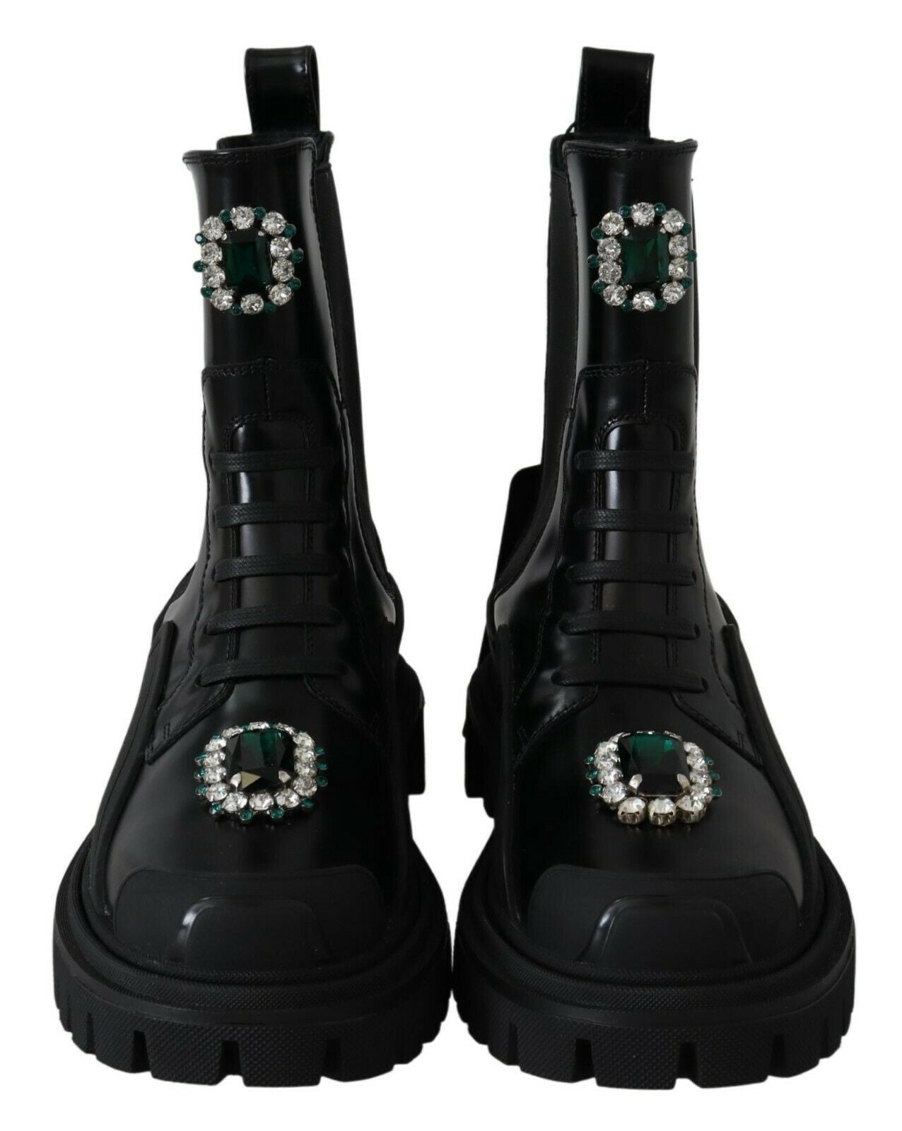 Dolce & Gabbana Elegant Black Leather Combat Boots with Crystal Detail - EU35/US4.5