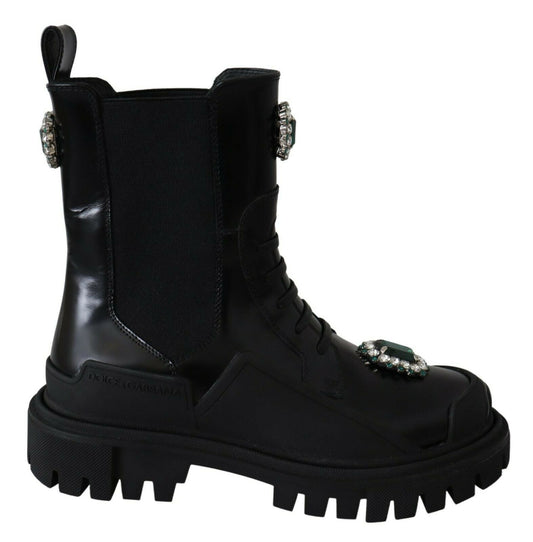 Dolce & Gabbana Elegant Black Leather Combat Boots with Crystal Detail - EU35/US4.5