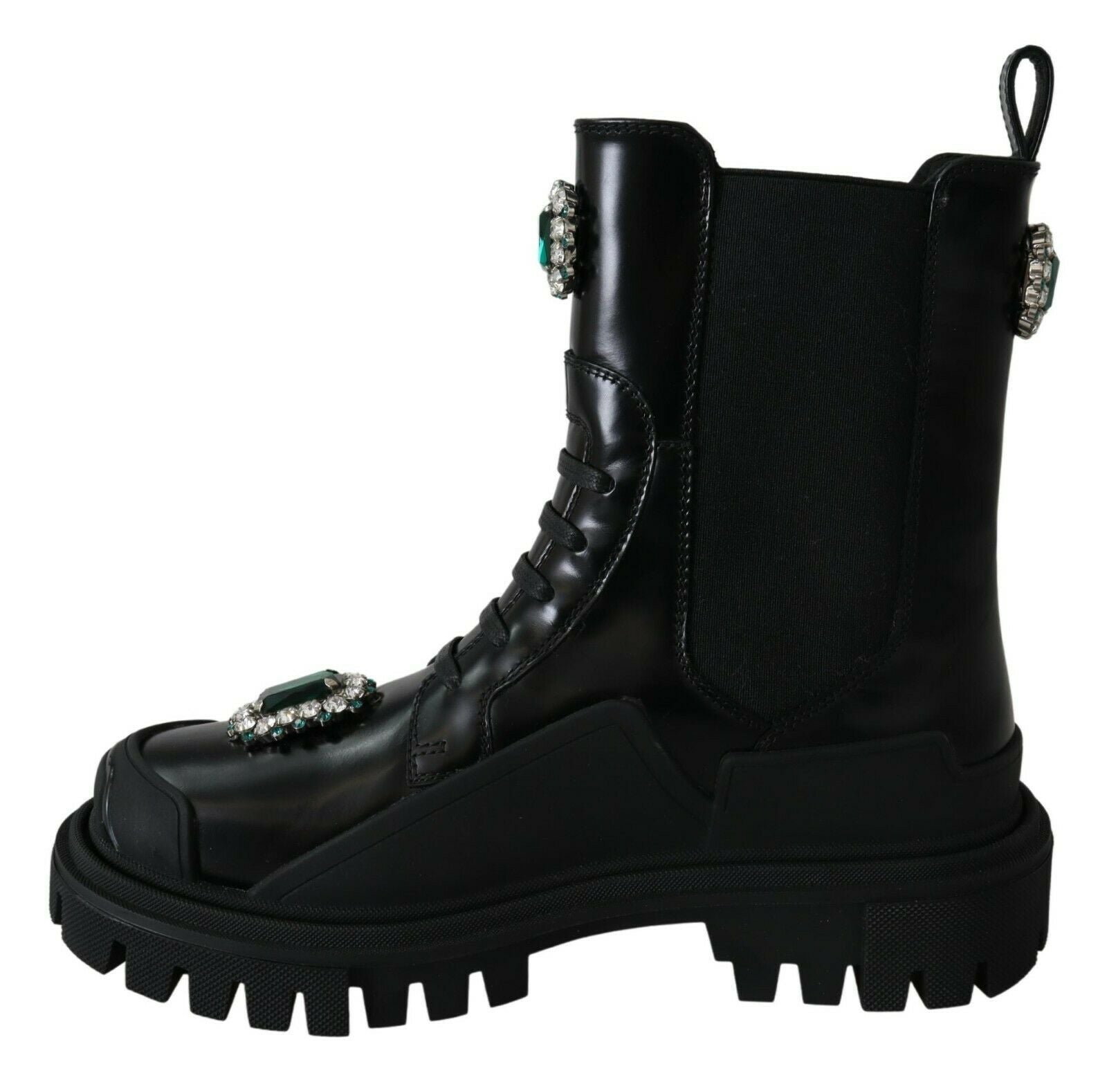 Dolce & Gabbana Elegant Black Leather Combat Boots with Crystal Detail - EU35/US4.5