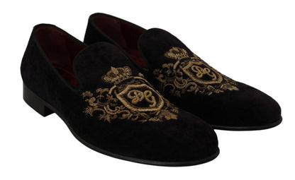 Dolce & Gabbana Elegant Black Loafers with Gold Crown Embroidery - EU39/US6