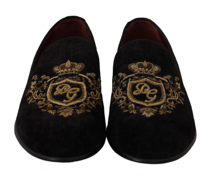 Dolce & Gabbana Elegant Black Loafers with Gold Crown Embroidery - EU39/US6