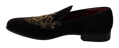 Dolce & Gabbana Elegant Black Loafers with Gold Crown Embroidery - EU39/US6