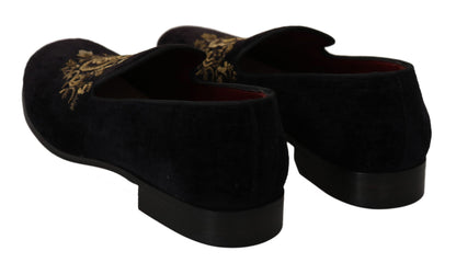 Dolce & Gabbana Elegant Black Loafers with Gold Crown Embroidery - EU39/US6