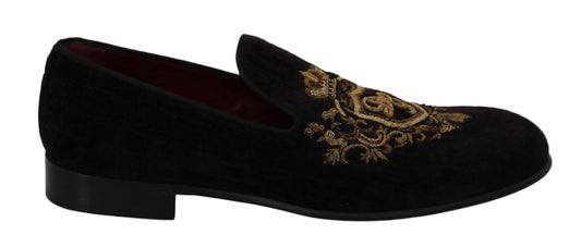 Dolce & Gabbana Elegant Black Loafers with Gold Crown Embroidery - EU39/US6