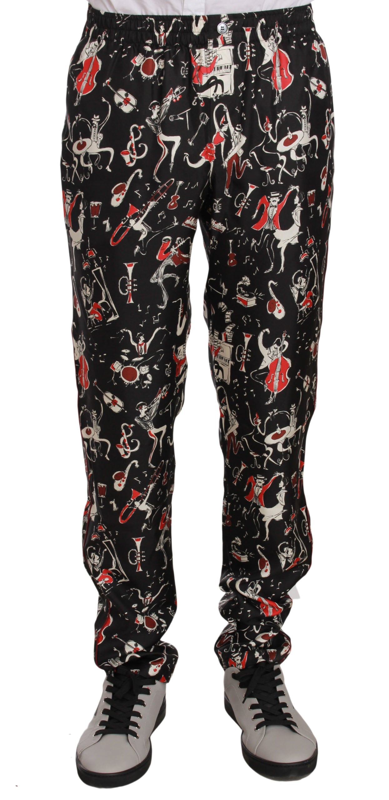 Dolce & Gabbana Elegant Black Silk Lounge Pants with Red Print - IT48 | M