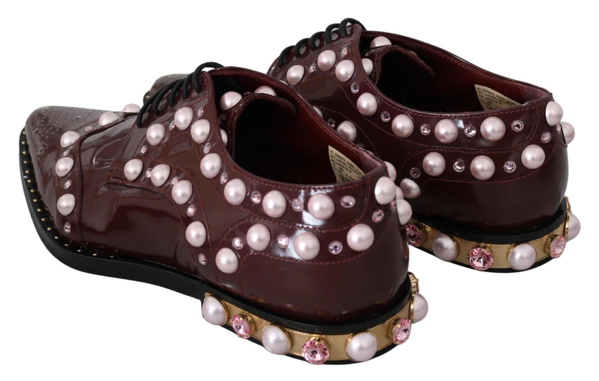 Dolce & Gabbana Elegant Bordeaux Lace-Up Flats with Pearls and Crystals - EU39/US8.5