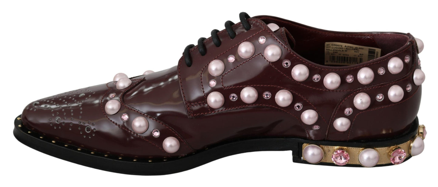 Dolce & Gabbana Elegant Bordeaux Lace-Up Flats with Pearls and Crystals - EU39/US8.5