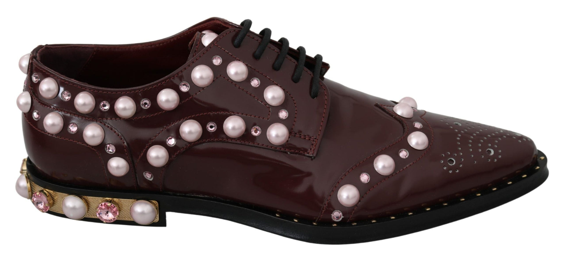 Dolce & Gabbana Elegant Bordeaux Lace-Up Flats with Pearls and Crystals - EU39/US8.5