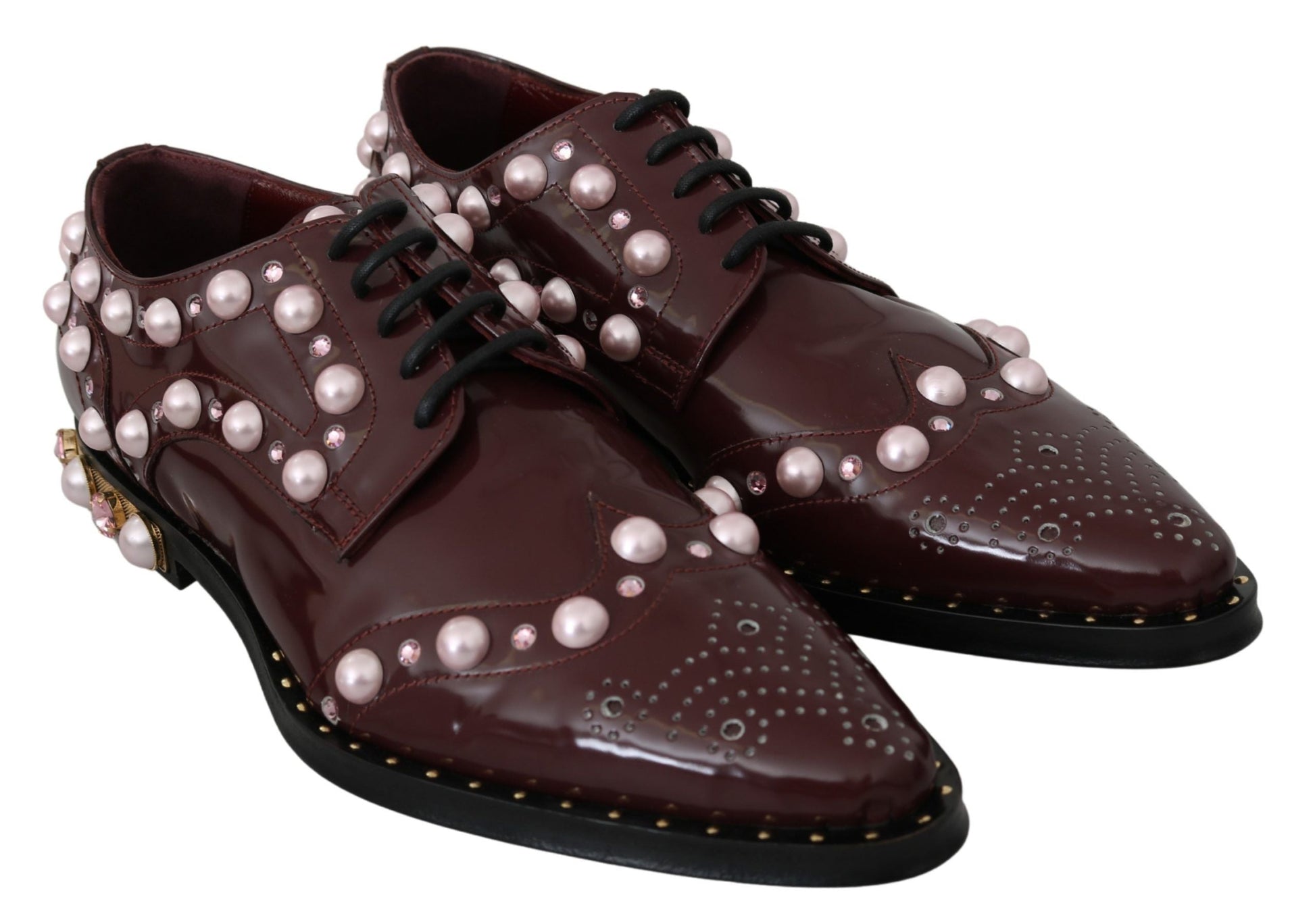 Dolce & Gabbana Elegant Bordeaux Lace-Up Flats with Pearls and Crystals - EU39/US8.5