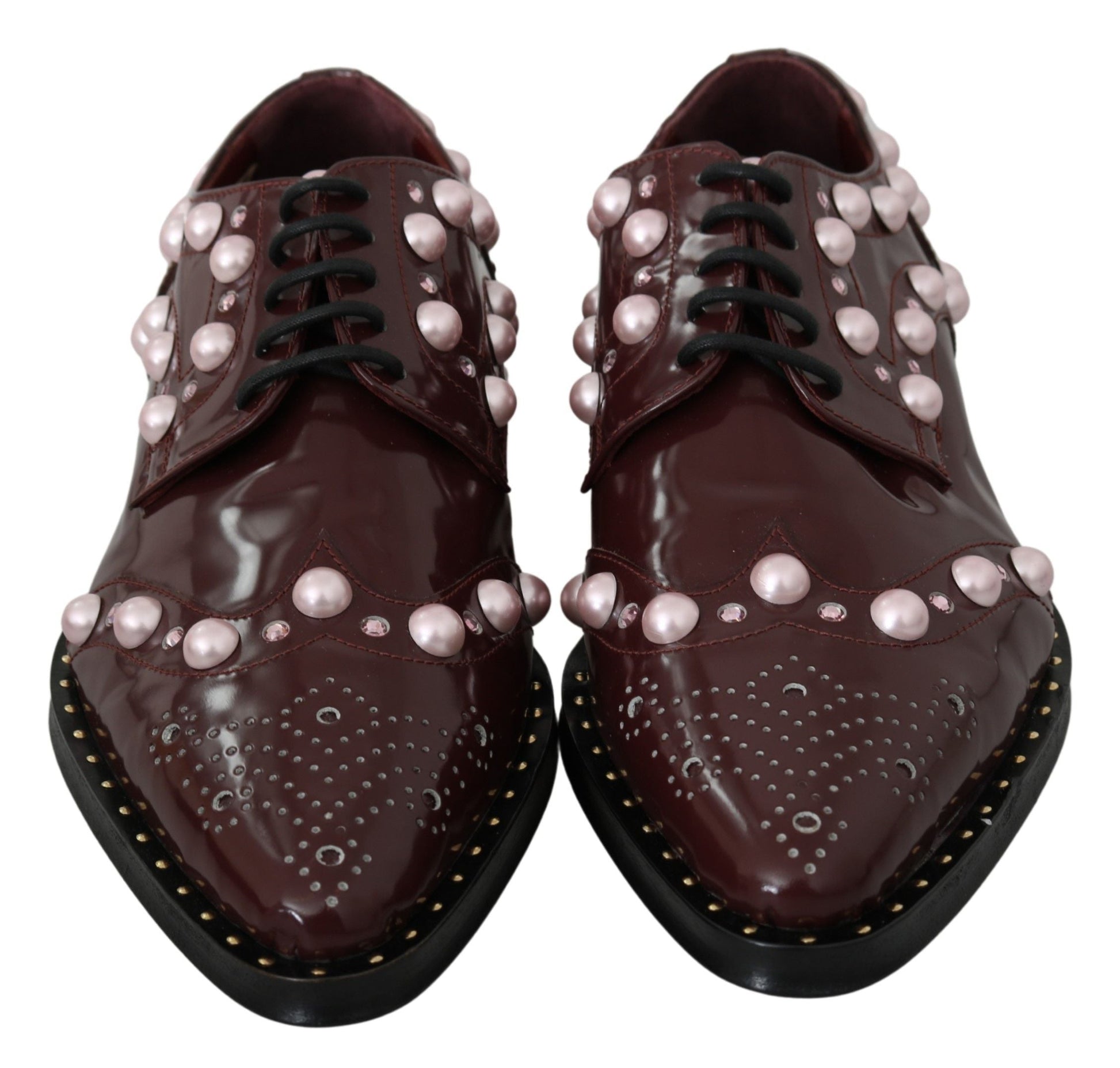 Dolce & Gabbana Elegant Bordeaux Lace-Up Flats with Pearls and Crystals - EU39/US8.5