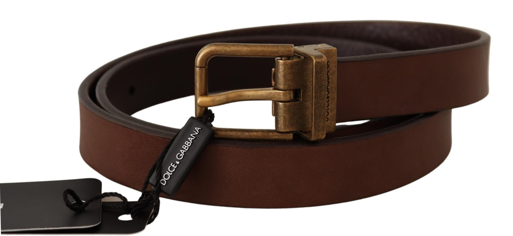 Dolce & Gabbana Elegant Brown Leather Belt with Gold Buckle - 85 cm / 34 Inches