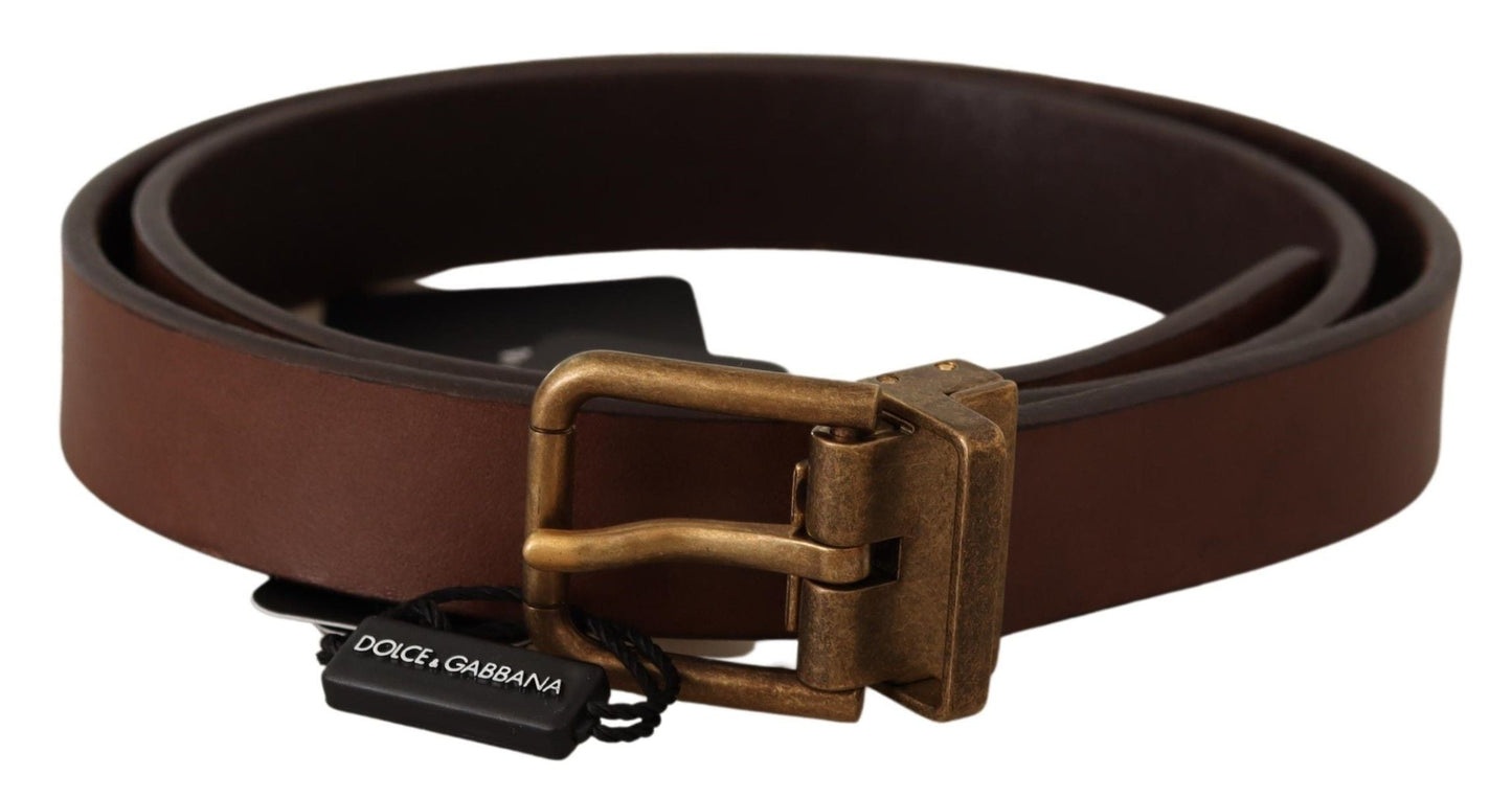 Dolce & Gabbana Elegant Brown Leather Belt with Gold Buckle - 85 cm / 34 Inches