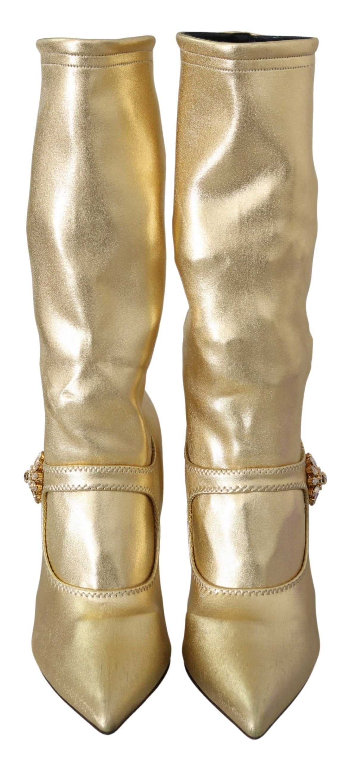 Dolce & Gabbana Elegant Gold Ankle Boots Socks with Rhinestones - EU38.5/US8