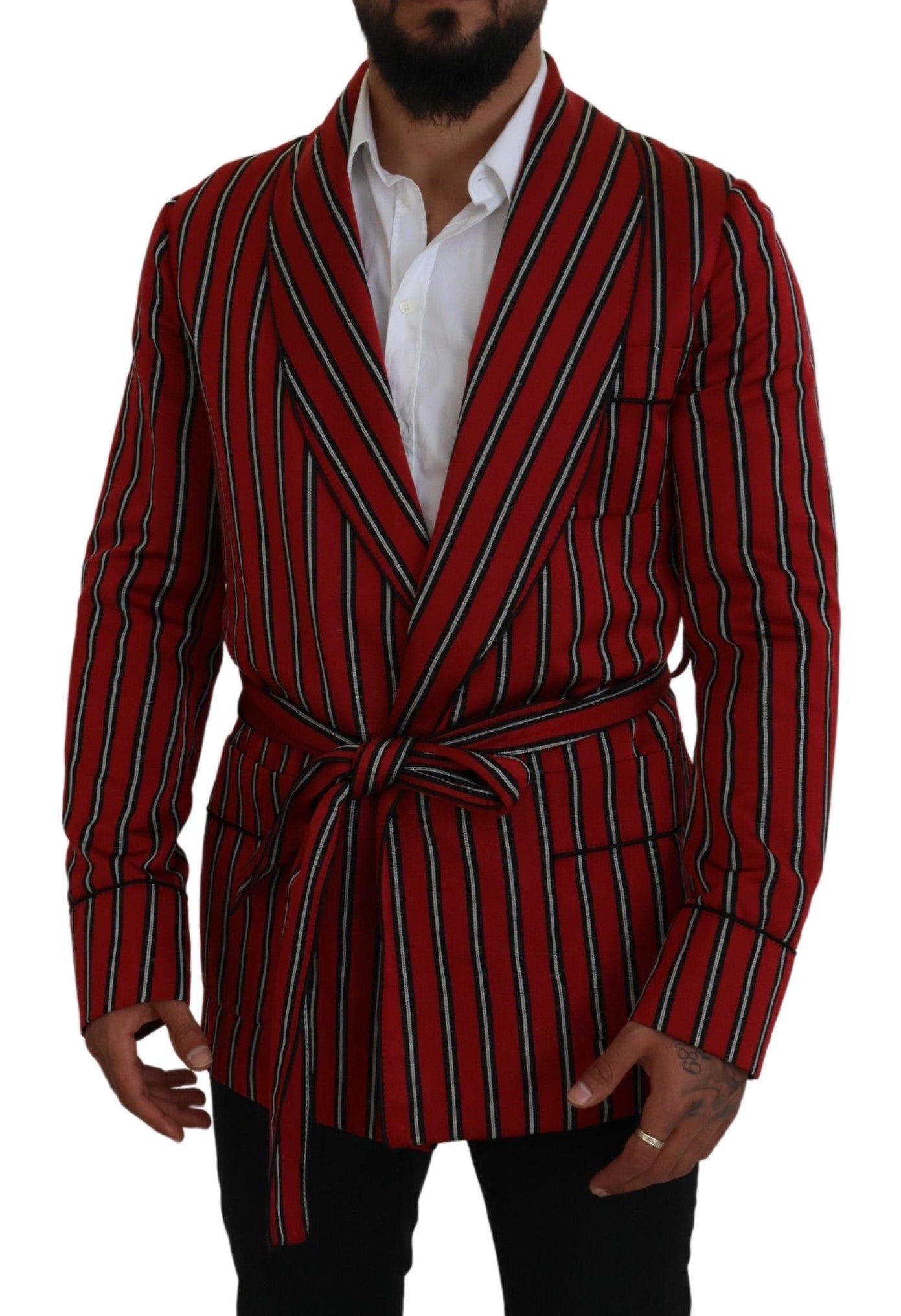 Dolce & Gabbana Elegant Red Striped Long Robe Luxury Wear - IT48 | M