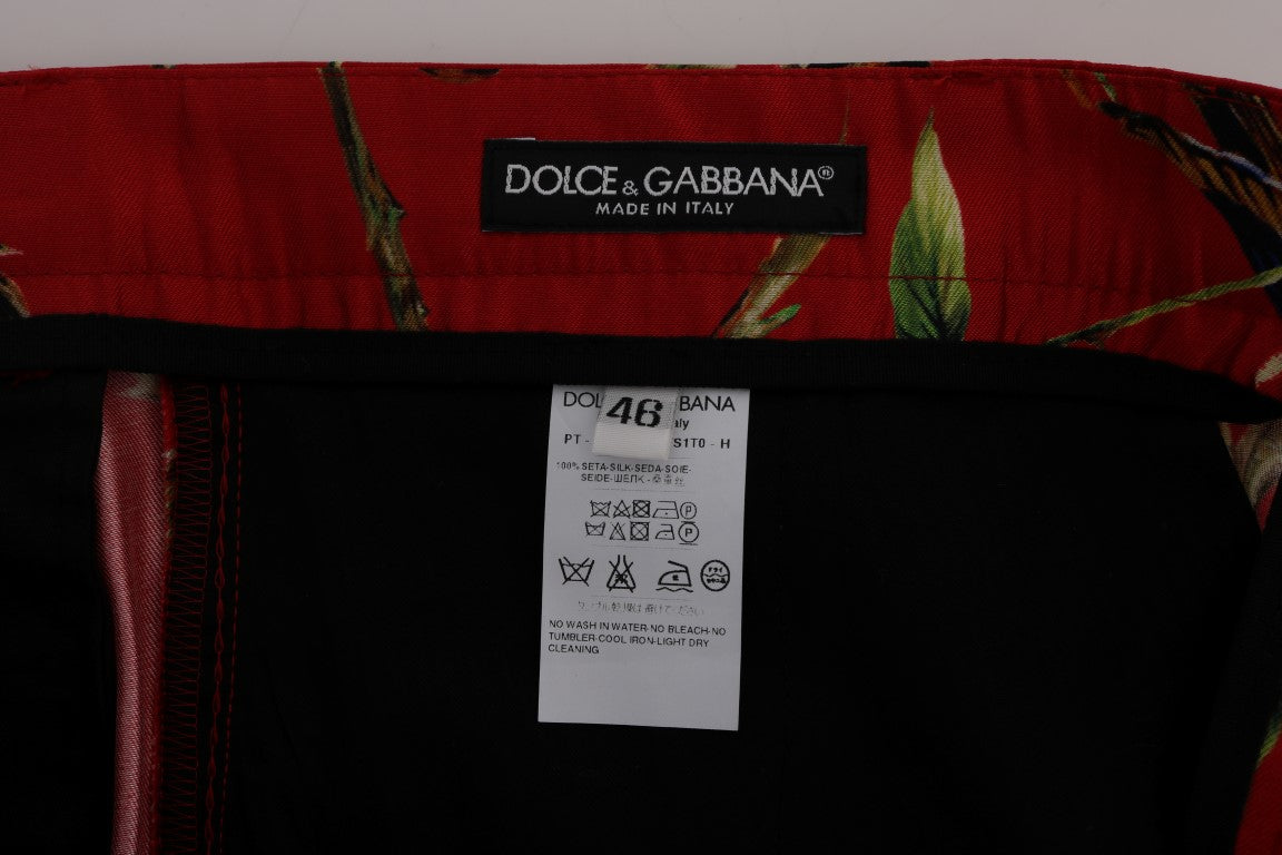 Dolce & Gabbana Elegant Silk Dress Trousers in Red Bird Print - IT44 | XS