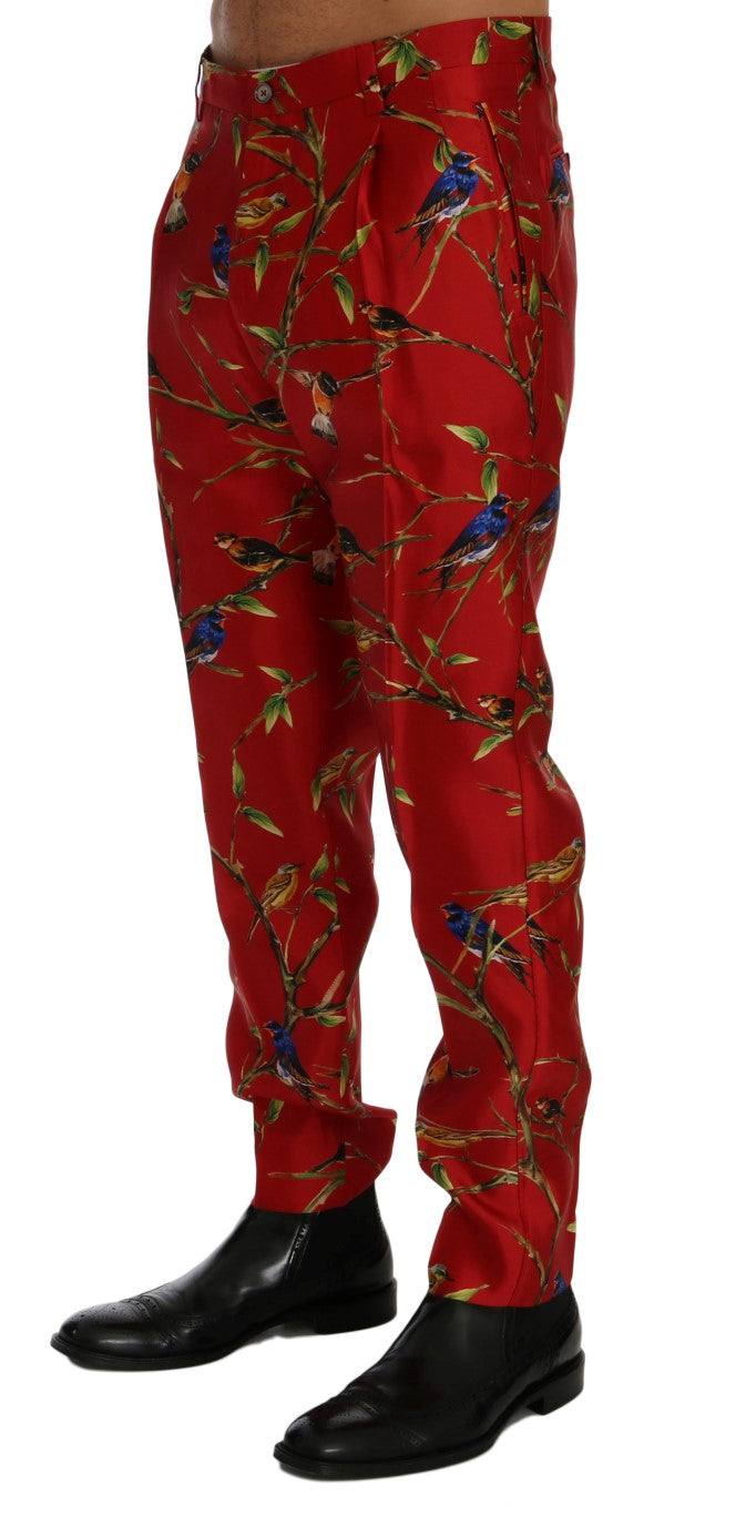 Dolce & Gabbana Elegant Silk Dress Trousers in Red Bird Print - IT44 | XS