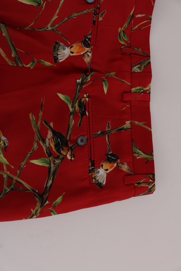 Dolce & Gabbana Elegant Silk Dress Trousers in Red Bird Print - IT44 | XS