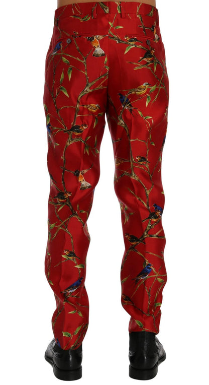 Dolce & Gabbana Elegant Silk Dress Trousers in Red Bird Print - IT44 | XS